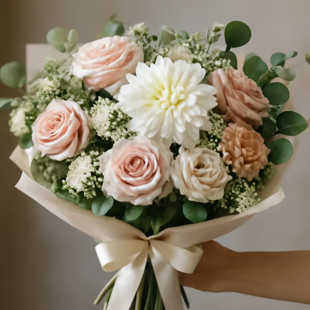 detail desain hand bouquet dengan kombinasi bunga dan warna yang seimbang